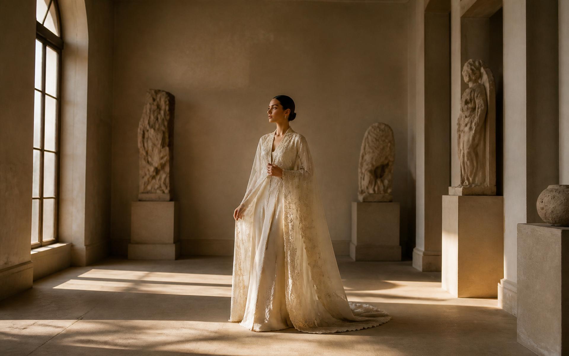 Model draped in ivory couture inside a sunlit gallery