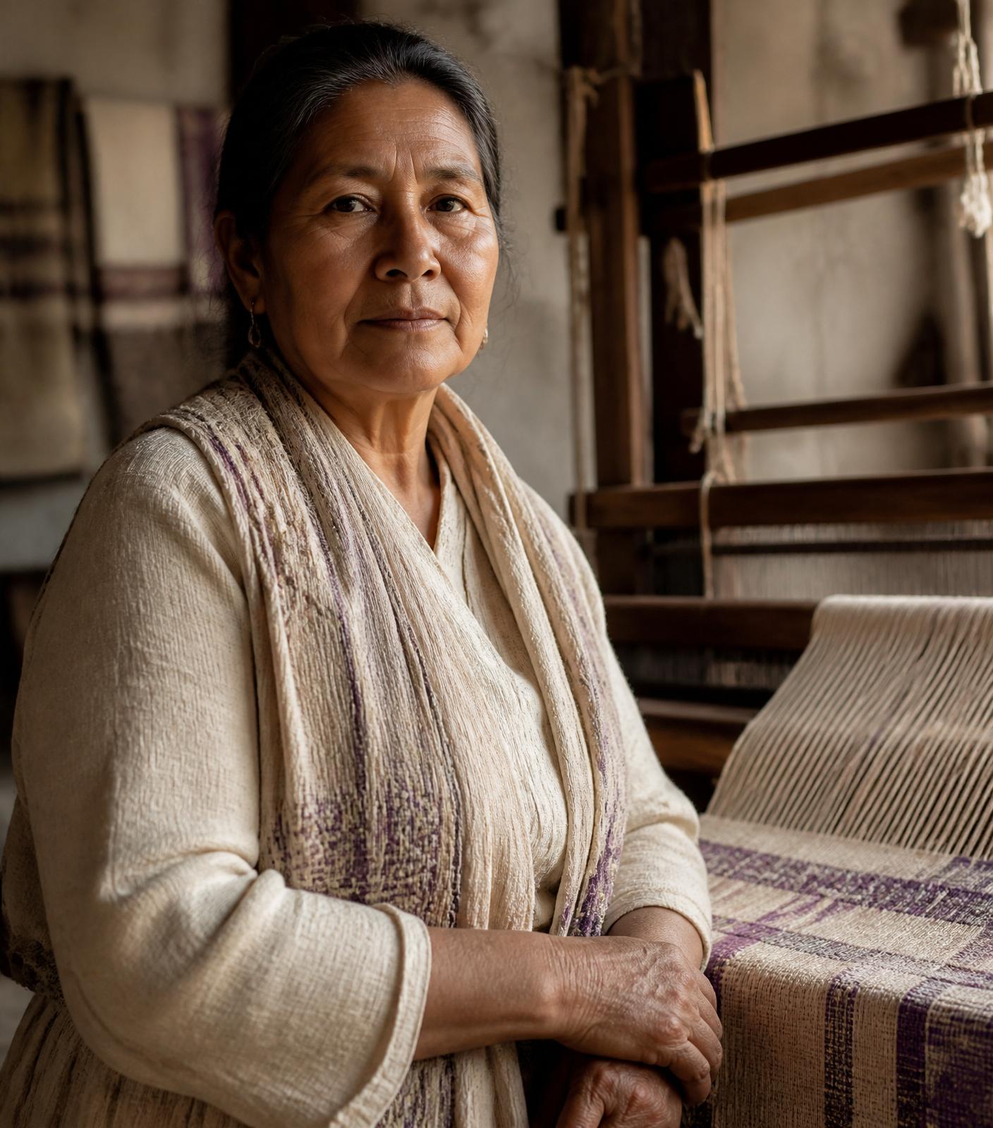 Portrait of a master craftswoman beside a handloom